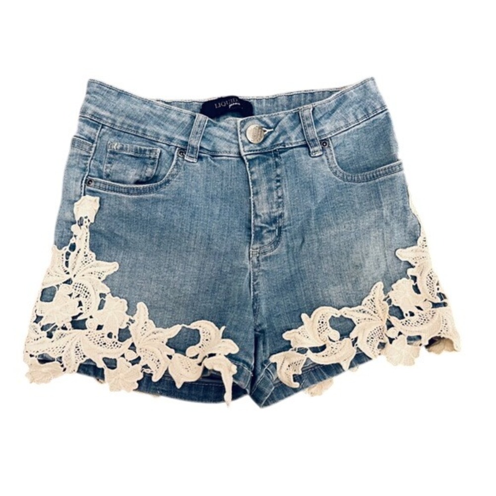 Liquid Jeans Denim Shorts‎ Lace Trim Accents Blue Jean Shorts Size 7